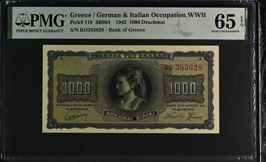 Greece German Italian Occupation WWII 1000 1942 P 118 UNC PMG 65 EPQ 3rd TOP POP