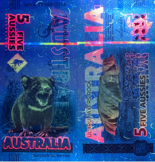 Australia TEST NOTE Souvenir Note 5 Aussie Tasmanian Devil UNC