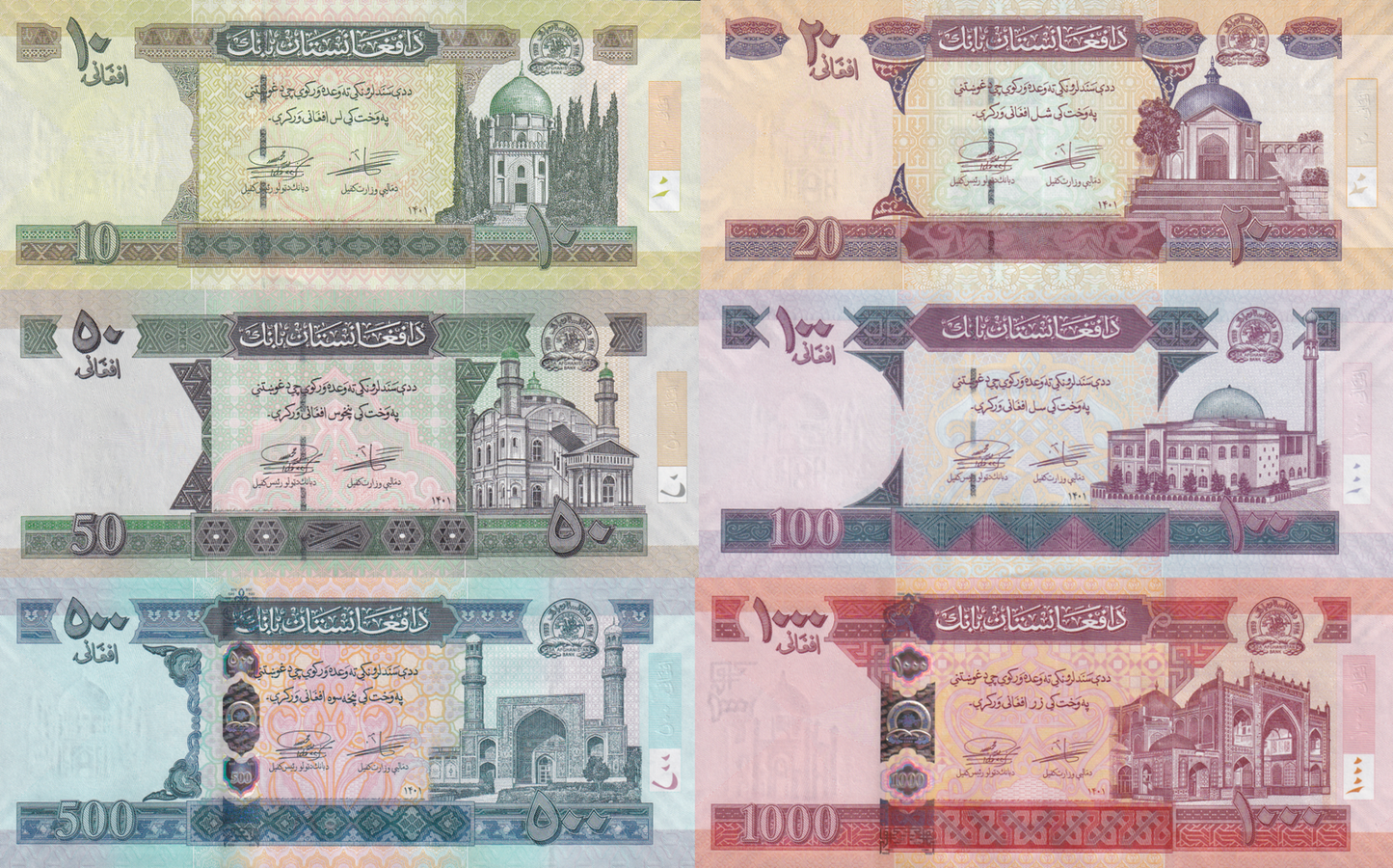 Afghanistan 10 20 50 100-1000 Afghanis 2002-22 P 67 68 69 70 74 76 UNC Set 6 pcs
