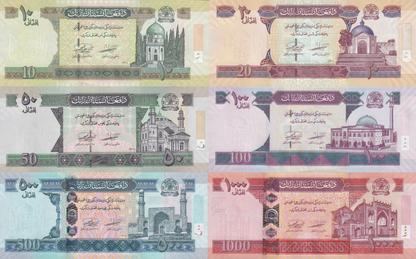 Afghanistan 10 20 50 100-1000 Afghanis 2002-22 P 67 68 69 70 74 76 UNC Set 6 pcs