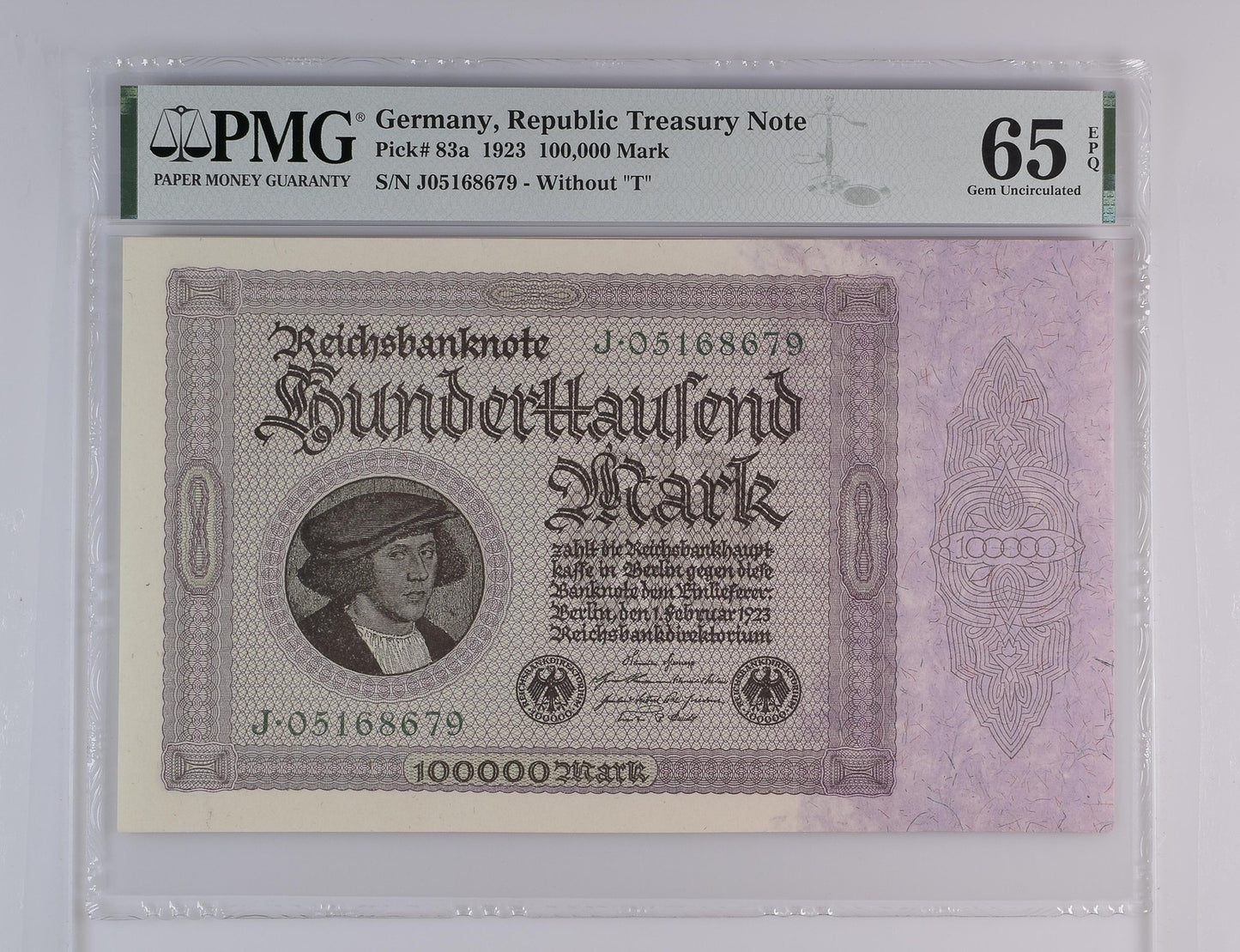 Germany Republic Treasury Note 100000 1923 P 83a UNC PMG 65 EPQ 3rd TOP POP