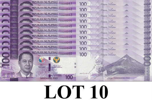 Philippines 100 Piso 2024 P 232A UNC Consecutive Lot 10 pcs LOW S/N 41-50