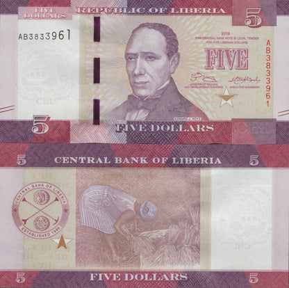 Liberia 5 Dollars 2016 P 31a UNC 1/20 Bundle Lot 5 pcs