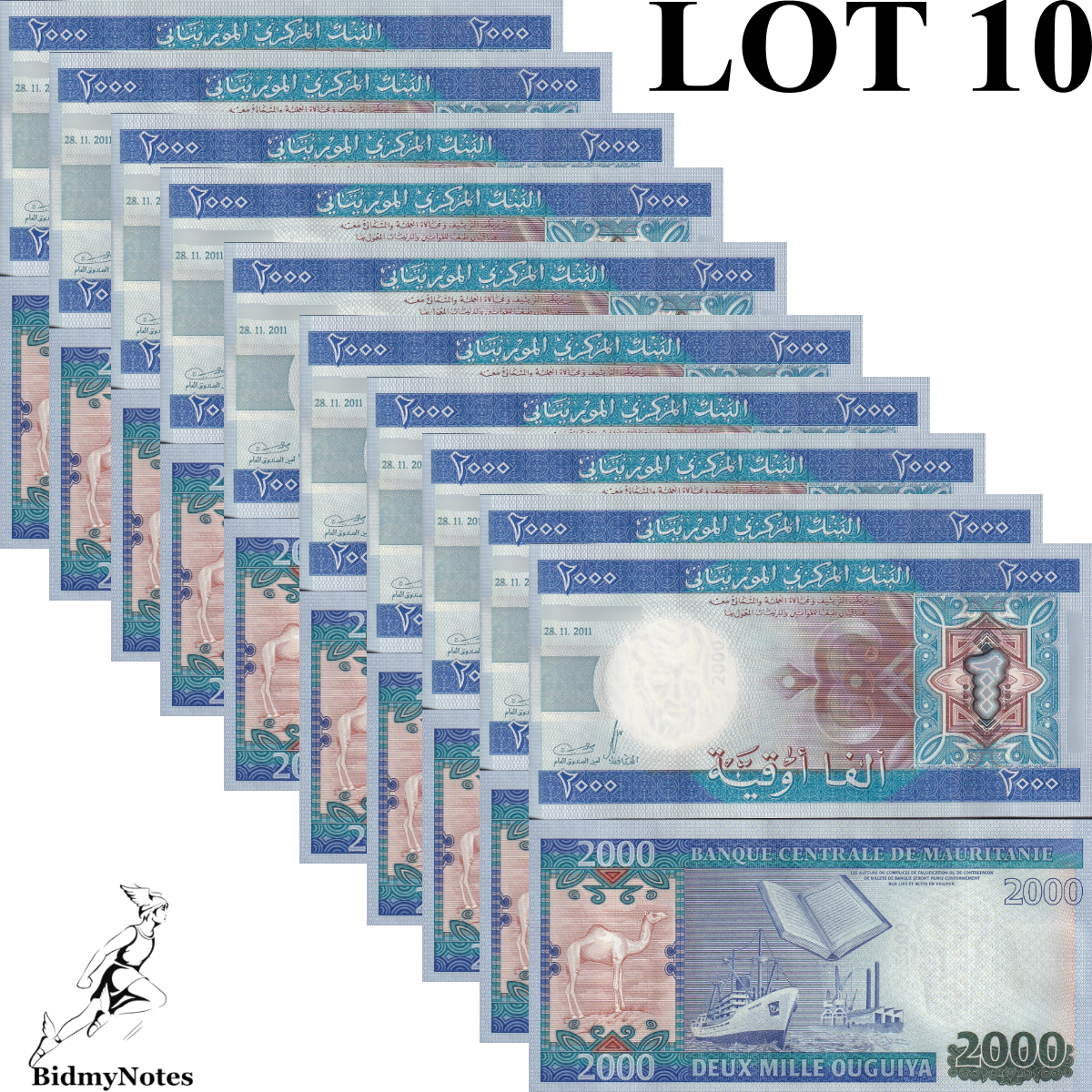 Mauritania 2000 Ouguiya 2011 P 20 UNC 1/10 Bundle LOT 10 pcs