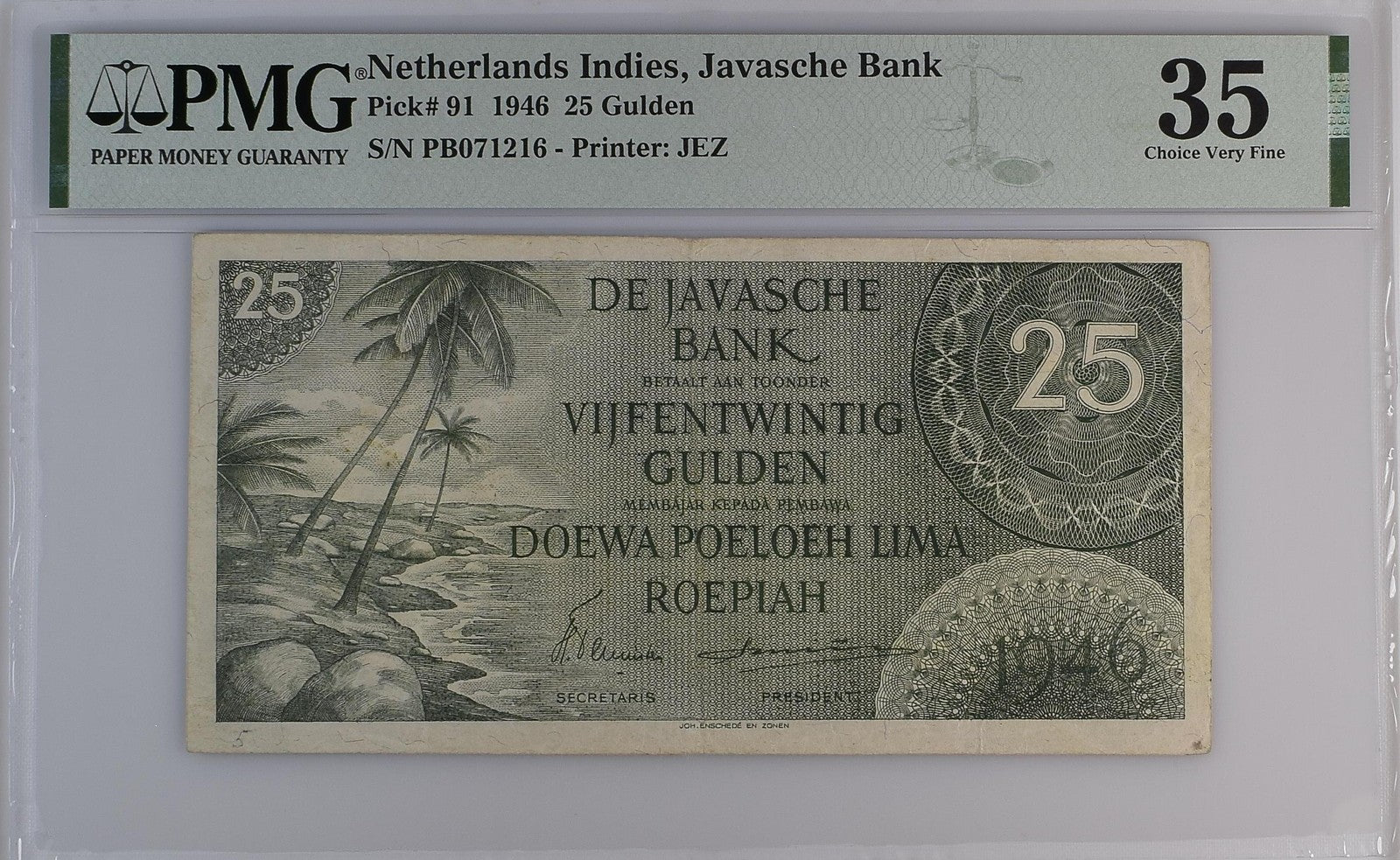 Netherlands Indies Javasche Bank 25 Gulden 1946 P 91 VF PMG 35