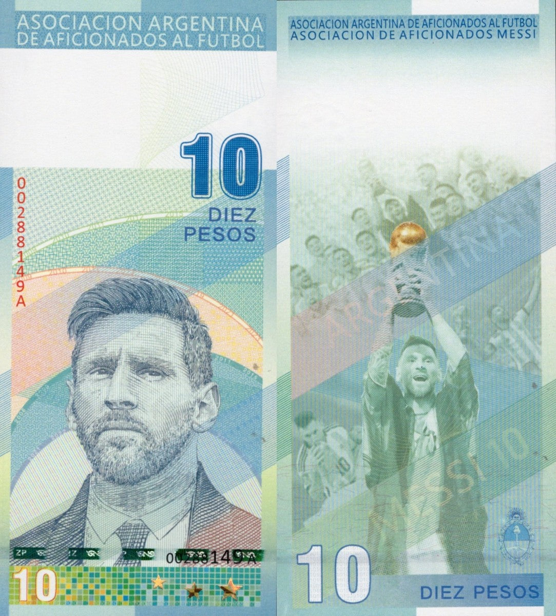 Argentina TEST NOTE 10 Pesos Messi Football Star Commemorative Banknote UNC