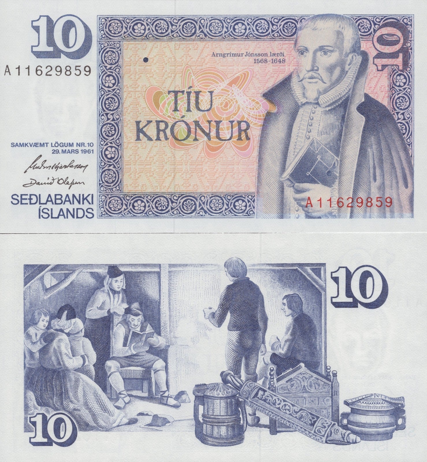 Iceland 10 Kronur 1961 P 48 UNC A First Prefix