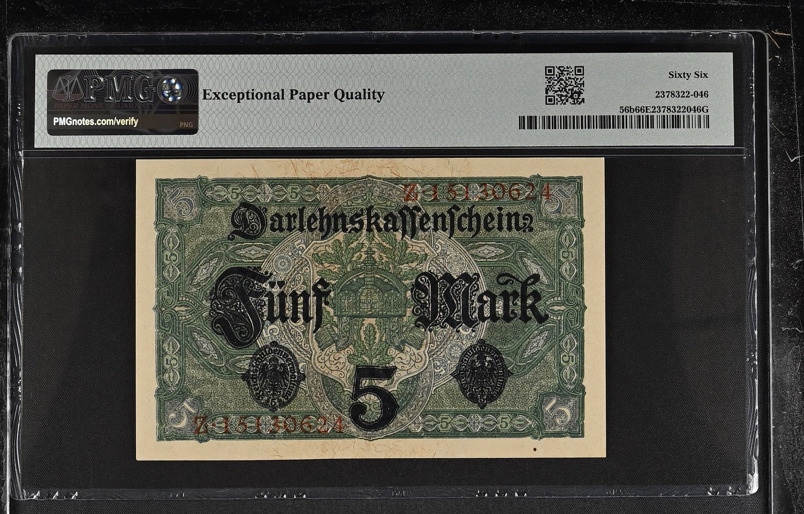 Germany State Loan Currency Note 5 Mark 1917 P 56b UNC PMG 66 EPQ 3rd TOP POP