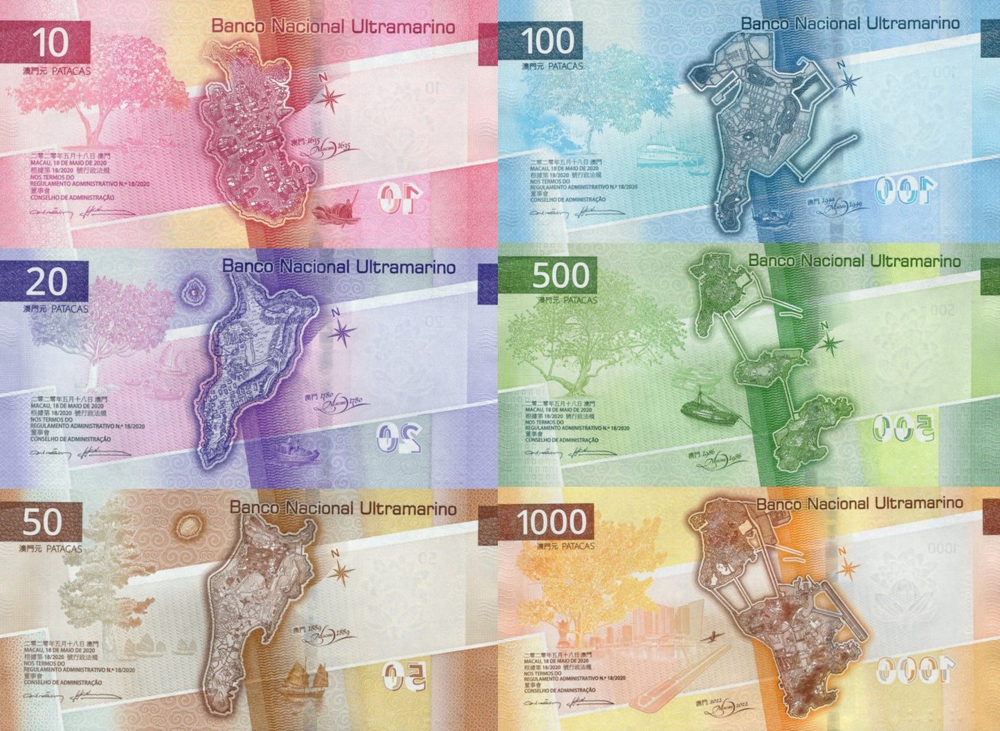 Macau Macao 10 20 - 1000 Patacas 2024-26 P 300a 301a P New Issue BNU Set 6 pcs