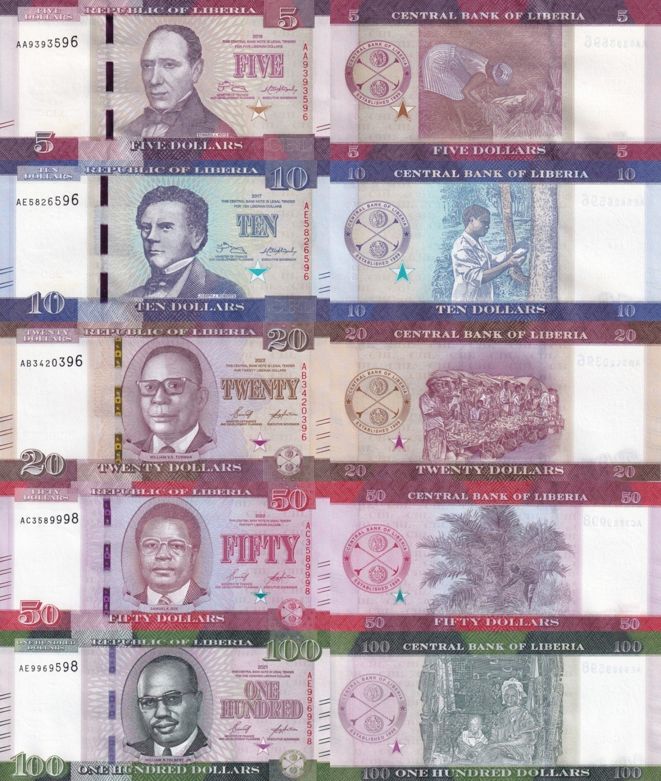 Liberia Set 5 Pcs 5 10 20 50 100 Dollars P 31 32 39 40 41 2016 - 2022 UNC
