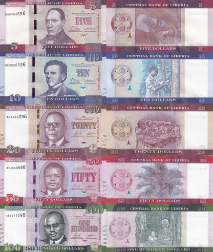 Liberia Set 5 Pcs 5 10 20 50 100 Dollars P 31 32 39 40 41 2016 - 2022 UNC