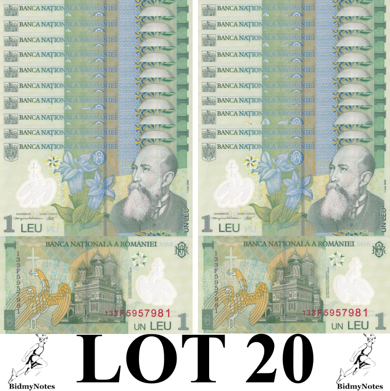 Romania 1 Leu 2005 2013  P 117h Polymer UNC 1/5 Bundle LOT 20 pcs