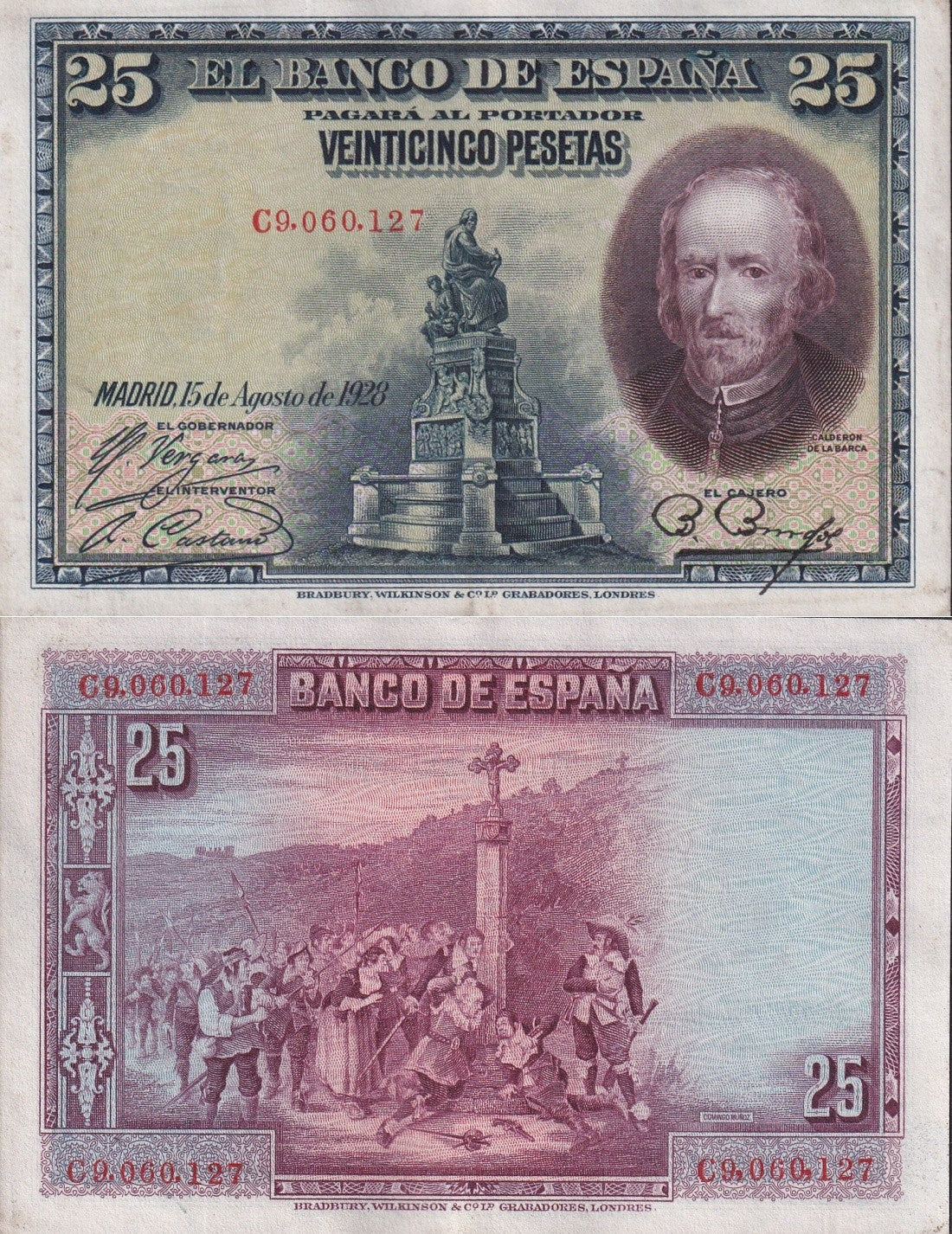 Spain 25 Pesetas 1928 P 74b AU UNC FOXING