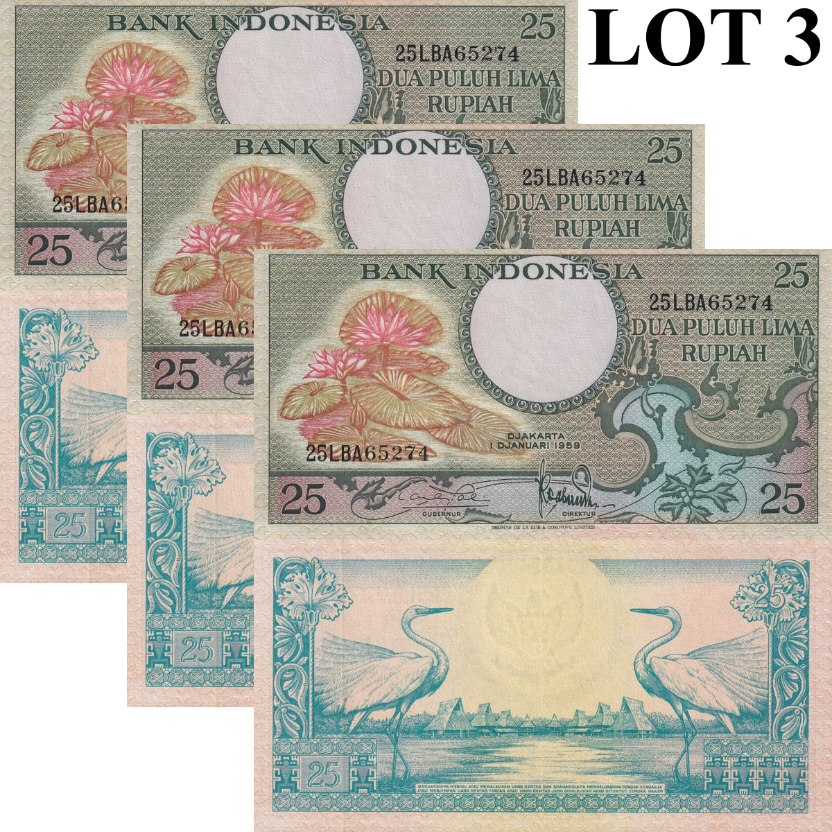 Indonesia 25 Rupiah 1959 P 67 UNC Lot 3 pcs