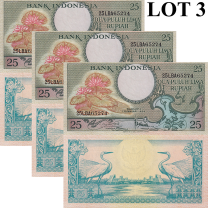 Indonesia 25 Rupiah 1959 P 67 UNC Lot 3 pcs