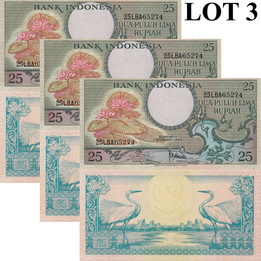 Indonesia 25 Rupiah 1959 P 67 UNC Lot 3 pcs
