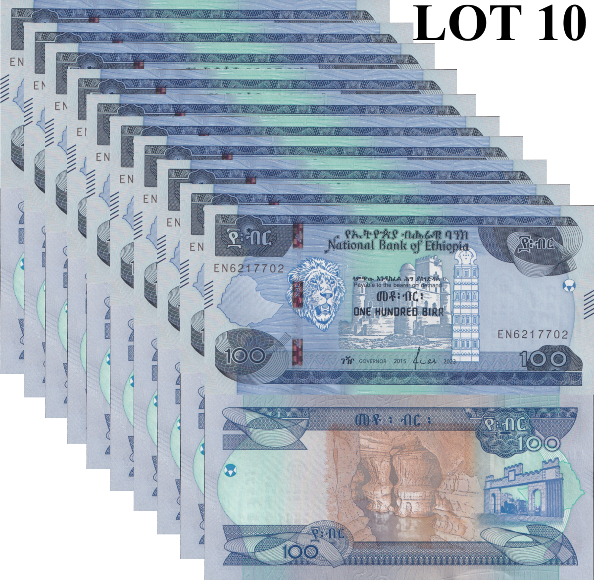 Ethiopia 100 Birr 2015/2023 P 57 UNC  1/10 Bundle Lot 10 pcs