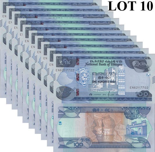Ethiopia 100 Birr 2015/2023 P 57 UNC  1/10 Bundle Lot 10 pcs