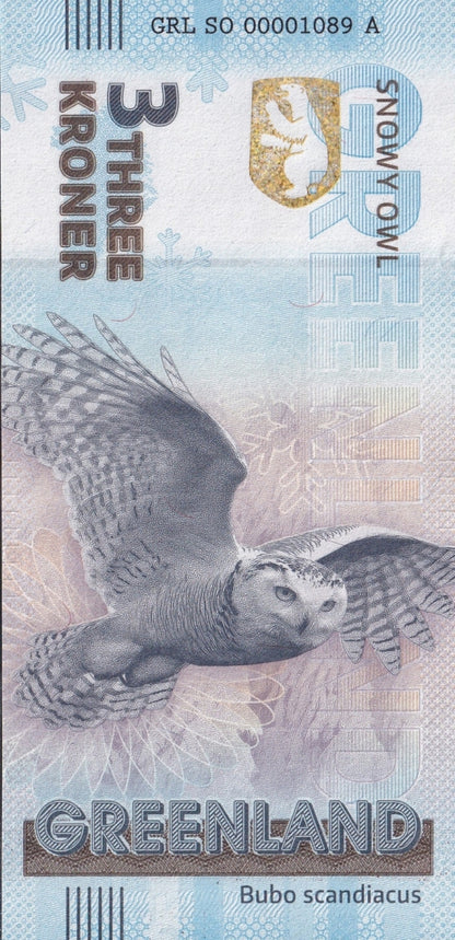 Greenland Souvenir Note 3 Krone Snowy Owl UNC Test Note