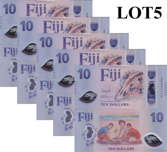 Fiji 10 Dollars 2026 P New Design Polymer UNC 1/20 Bundle Lot 5 pcs