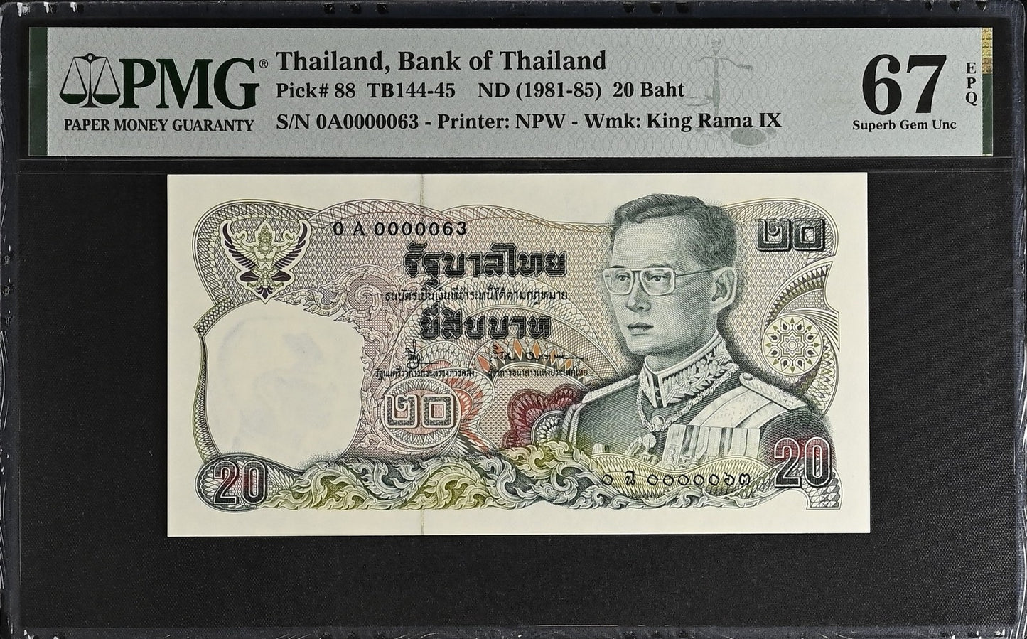 Thailand 20 Baht ND 1981-85 P 88 UNC PMG 67 EPQ 0A Prefix LOW S/N 63 3rd TOP POP