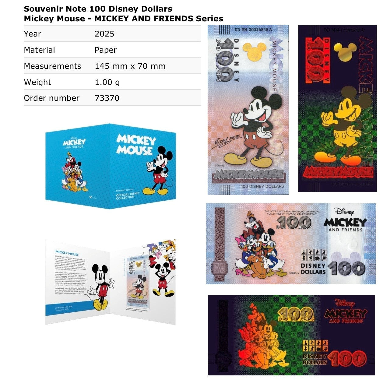Disney Official Mickey Mouse & Frinds 100 Dollars 2025 Mickey Mouse UNC W/F
