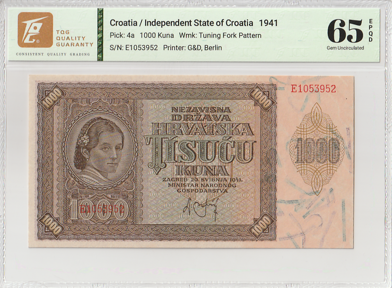 Croatia Independent 1000 Kuna 1941 P 4a TQG 65 EPQD UNC With Hard Case