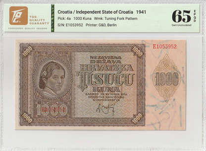 Croatia Independent 1000 Kuna 1941 P 4a TQG 65 EPQD UNC With Hard Case