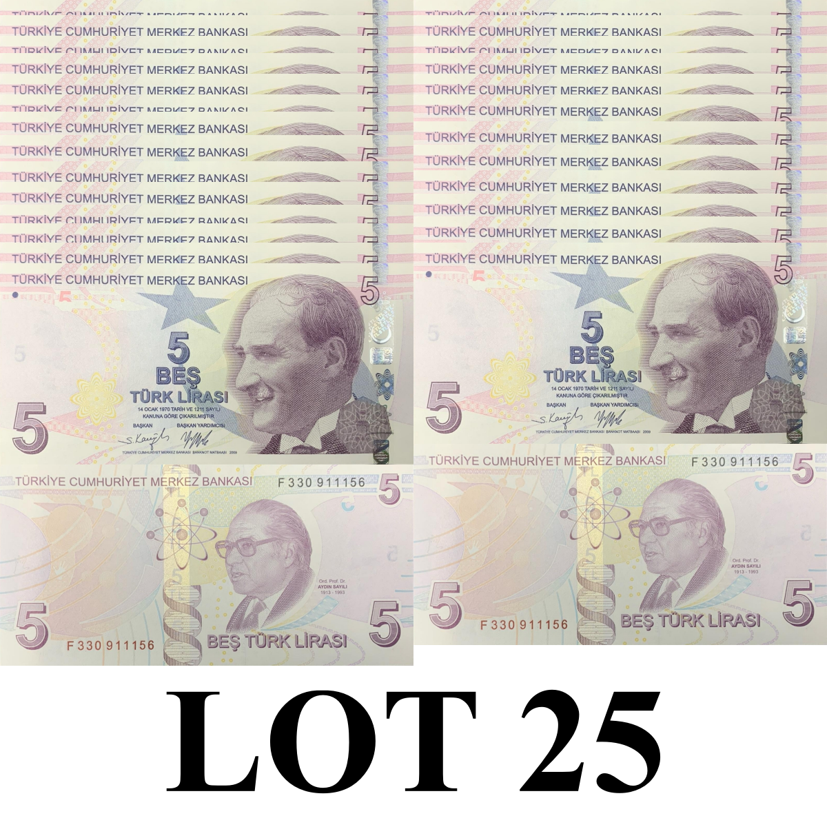 Turkey 5 Turk Lirasi 2009/2022 P 222 UNC 1/4 Bundle Lot 25 pcs F Prefix