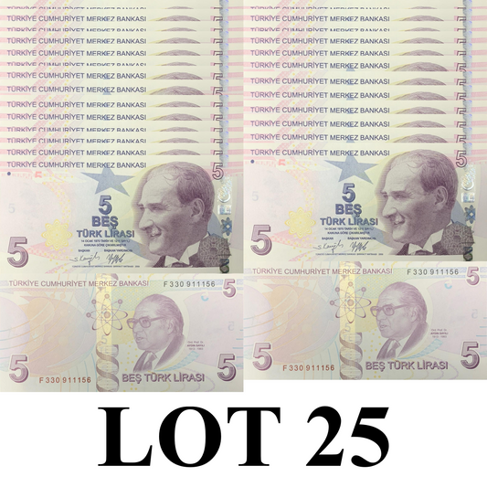 Turkey 5 Turk Lirasi 2009/2022 P 222 UNC 1/4 Bundle Lot 25 pcs F Prefix