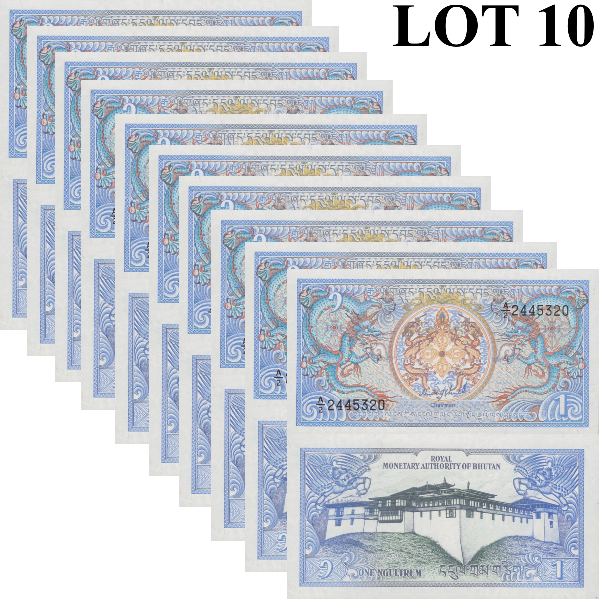 Bhutan 1 Ngultrum ND (1986) P 12 UNC 1/10 Bundle Lot 10 pcs