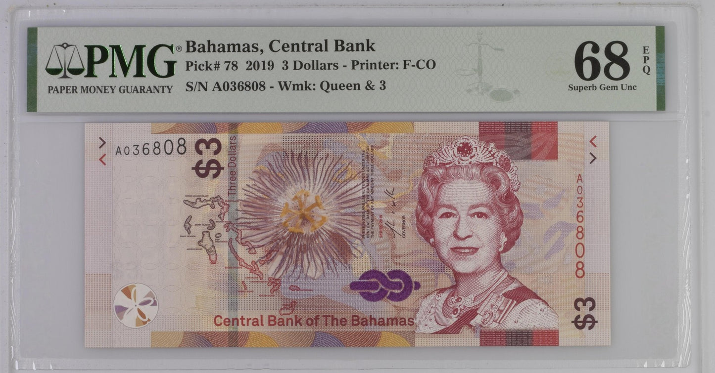 Bahamas Central Bank 3 Dollars 2019 P 78 UNC PMG 68 EPQ 3rd TOP POP