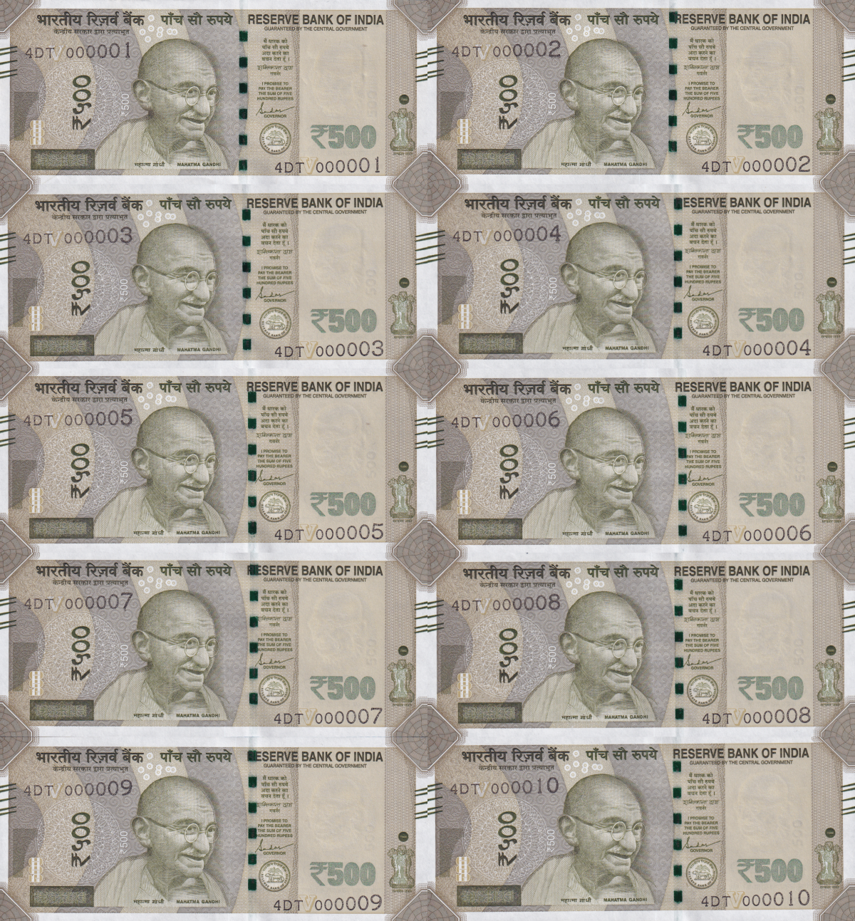 India 500 Rupees 2022 P 144 UNC Set 10 pcs LOW SERIAL NO. 1-10