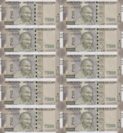 India 500 Rupees 2022 P 144 UNC Set 10 pcs LOW SERIAL NO. 1-10