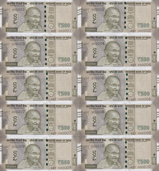 India 500 Rupees 2022 P 144 UNC Set 10 pcs LOW SERIAL NO. 1-10