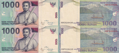 Indonesia 1000 Rupiah 2000/2009 P 141j UNC Replacement Set 2 pcs Matching No.