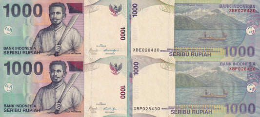 Indonesia 1000 Rupiah 2000/2009 P 141j UNC Replacement Set 2 pcs Matching No.