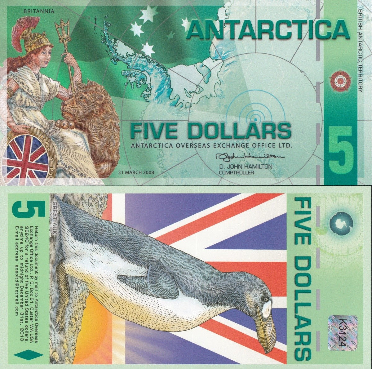 Antarctica 5 Dollars 2008 Polymer TEST NOTE UNC