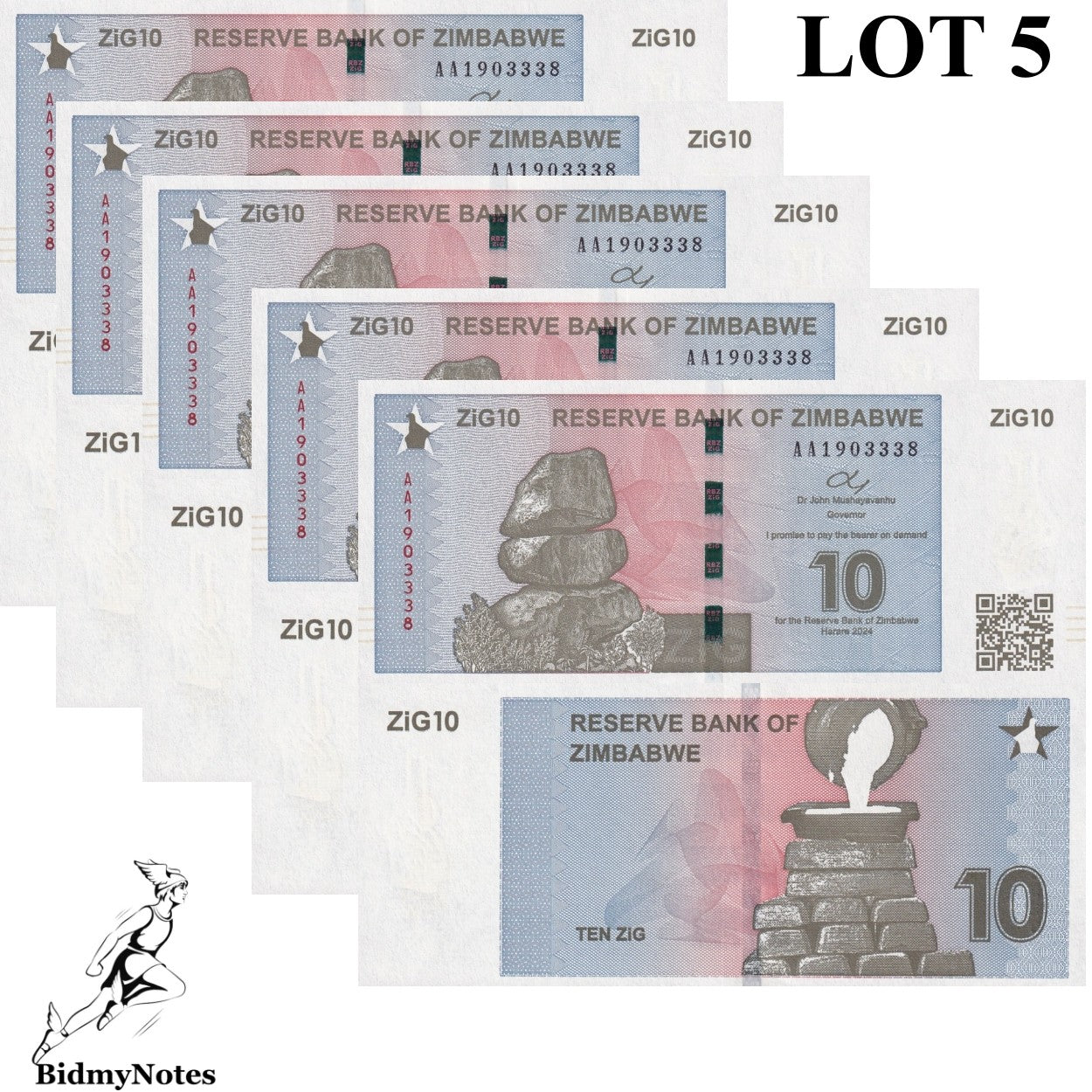 Zimbabwe 10 Zig 2024 P 110 UNC AA First Prefix 1/20 Bundle LOT 5 pcs