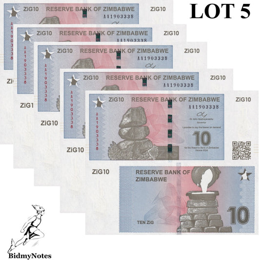 Zimbabwe 10 Zig 2024 P 110 UNC AA First Prefix 1/20 Bundle LOT 5 pcs