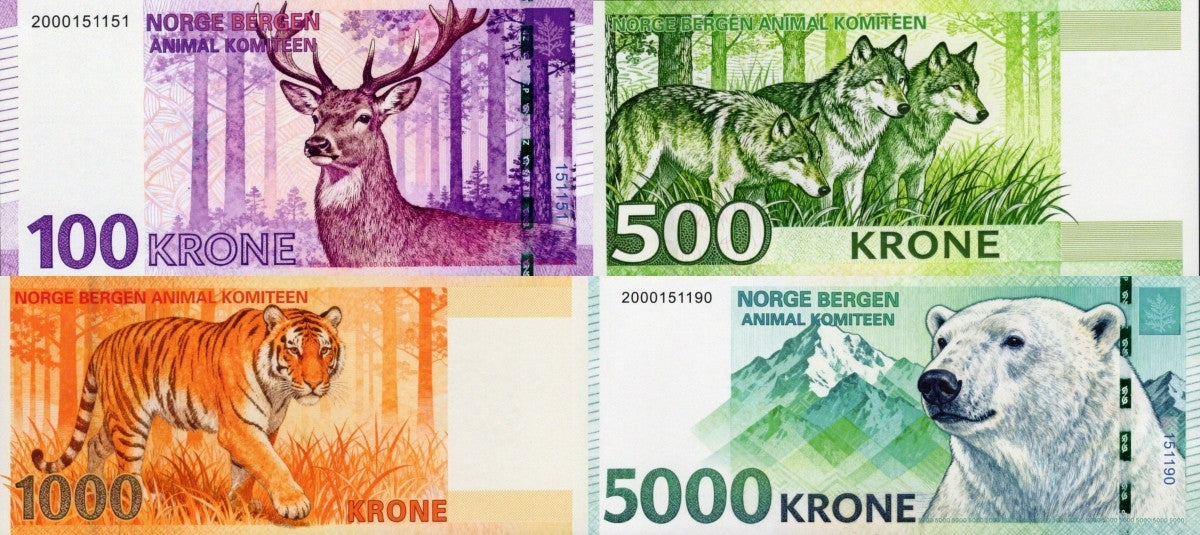 Norway TEST NOTE Animal Tiger Polar Bear Wolf Deer COMM Notes Set 4 pcs UNC