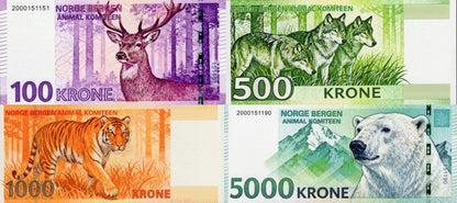 Norway TEST NOTE Animal Tiger Polar Bear Wolf Deer COMM Notes Set 4 pcs UNC