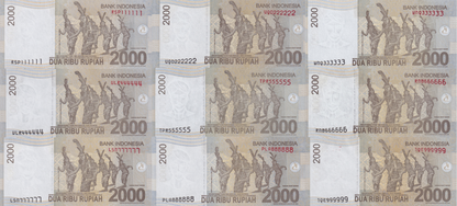 Indonesia 2000 Rupiah 2015 P 148g UNC Set 9 pcs SOLID 111111-999999