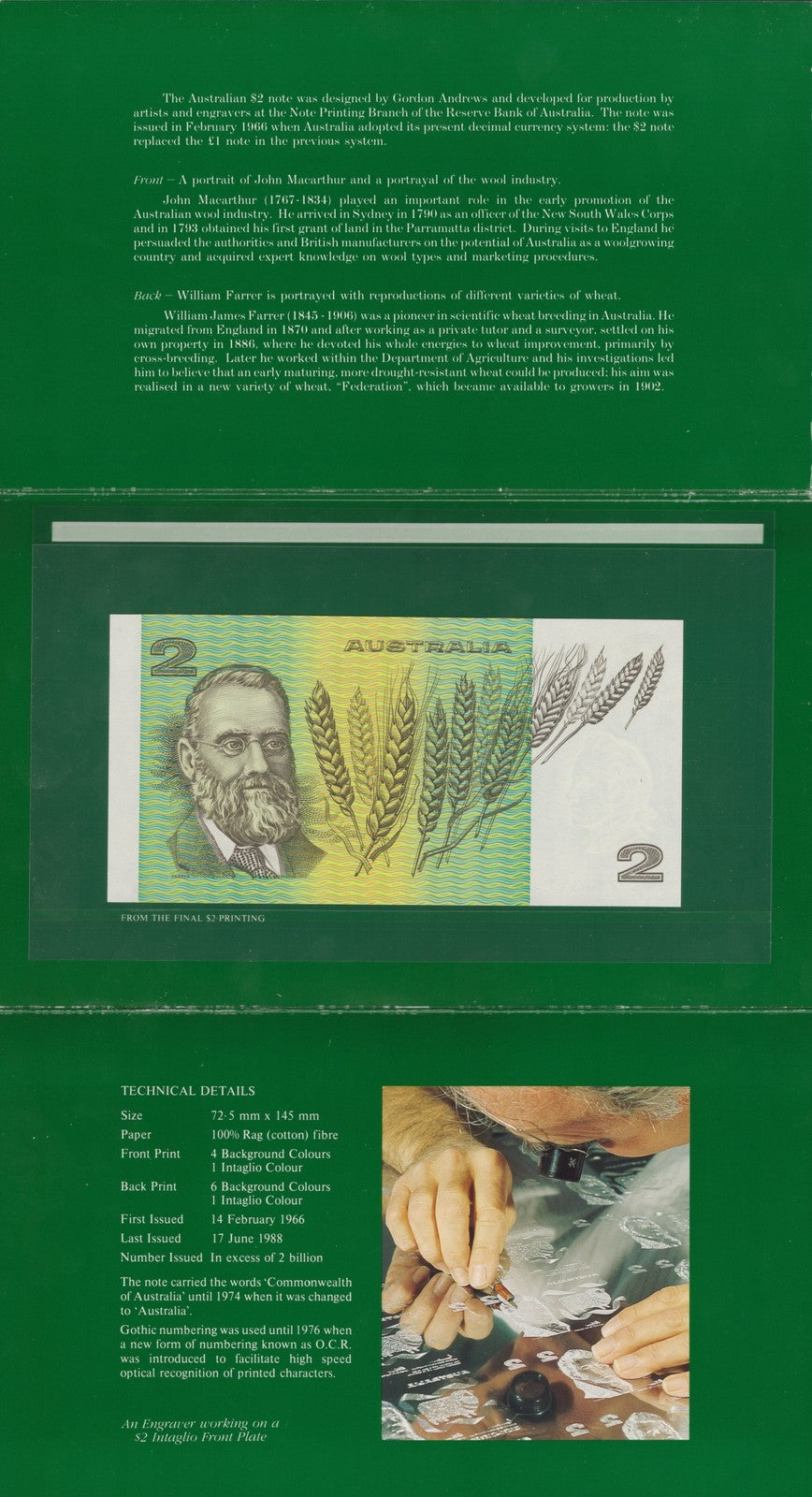 Australia 2 Dollars ND 1985 P 43 Johnston / Fraser UNC With Folder