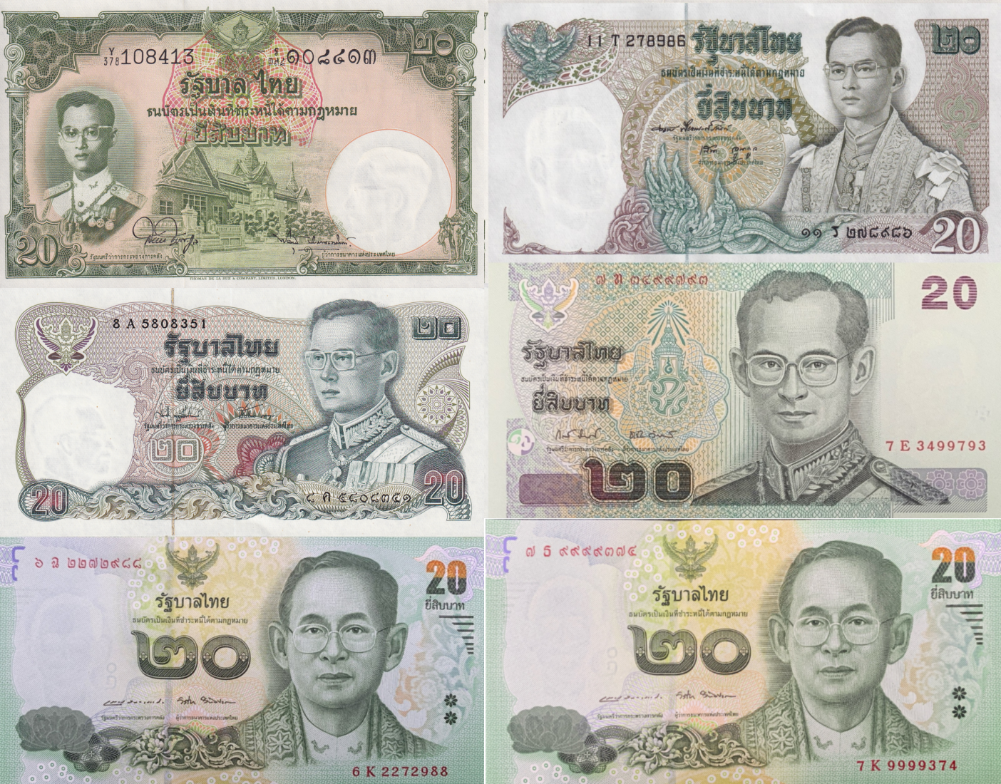 Thailand 20 Baht 1955-2016 ND 2017 P 77 84 88 109 118 130 UNC Set 6 pcs