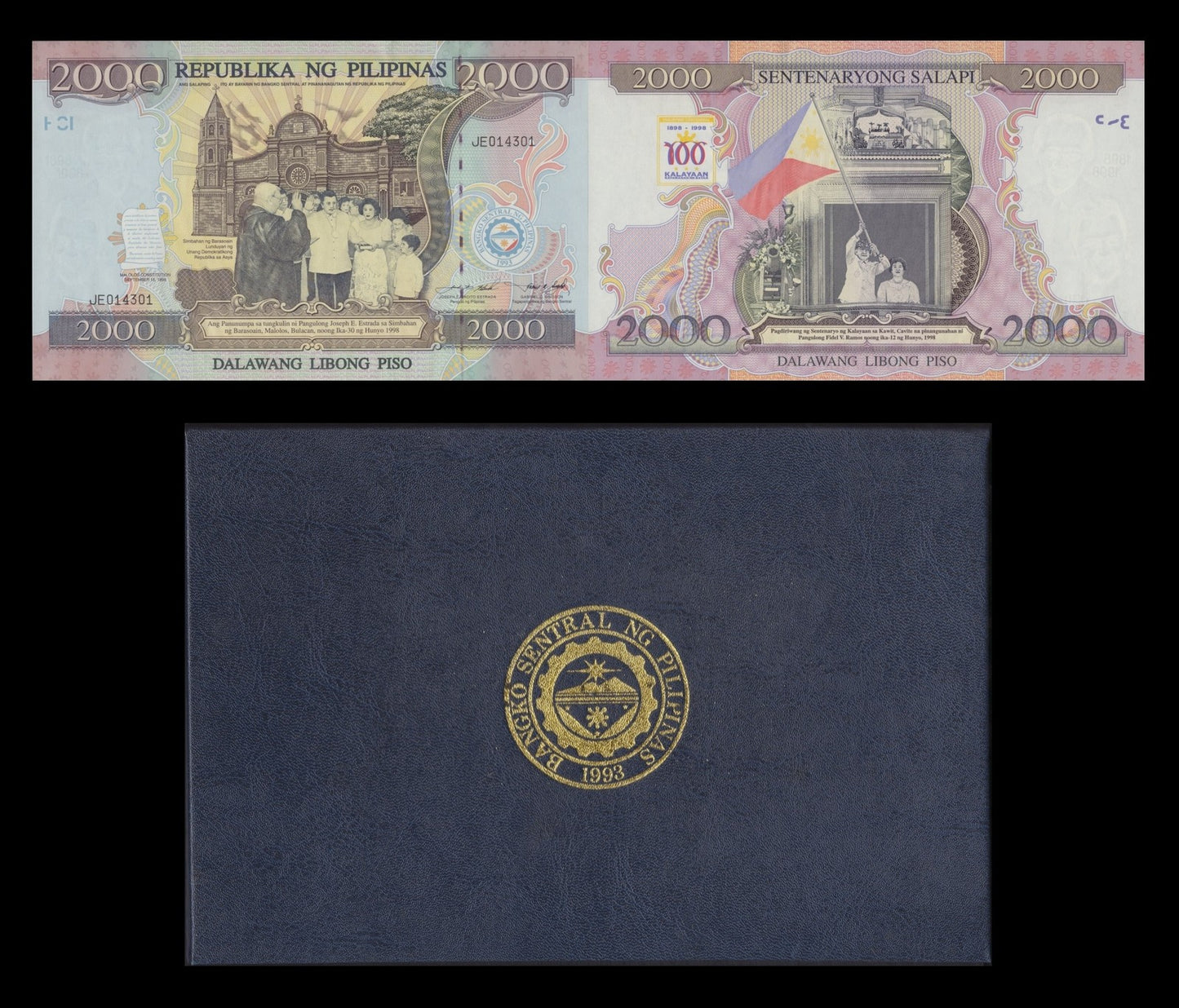 Philippines 2000 Piso 1998 P 189 UNC Commemorative MINOR FOXING With Folder