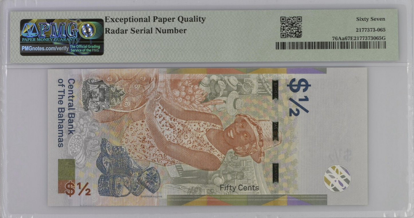 Bahamas Central Bank 1/2 Dollar 2019 P 76Aa UNC PMG 67 EPQ Radar No. 168861
