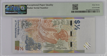 Bahamas Central Bank 1/2 Dollar 2019 P 76Aa UNC PMG 67 EPQ Radar No. 168861
