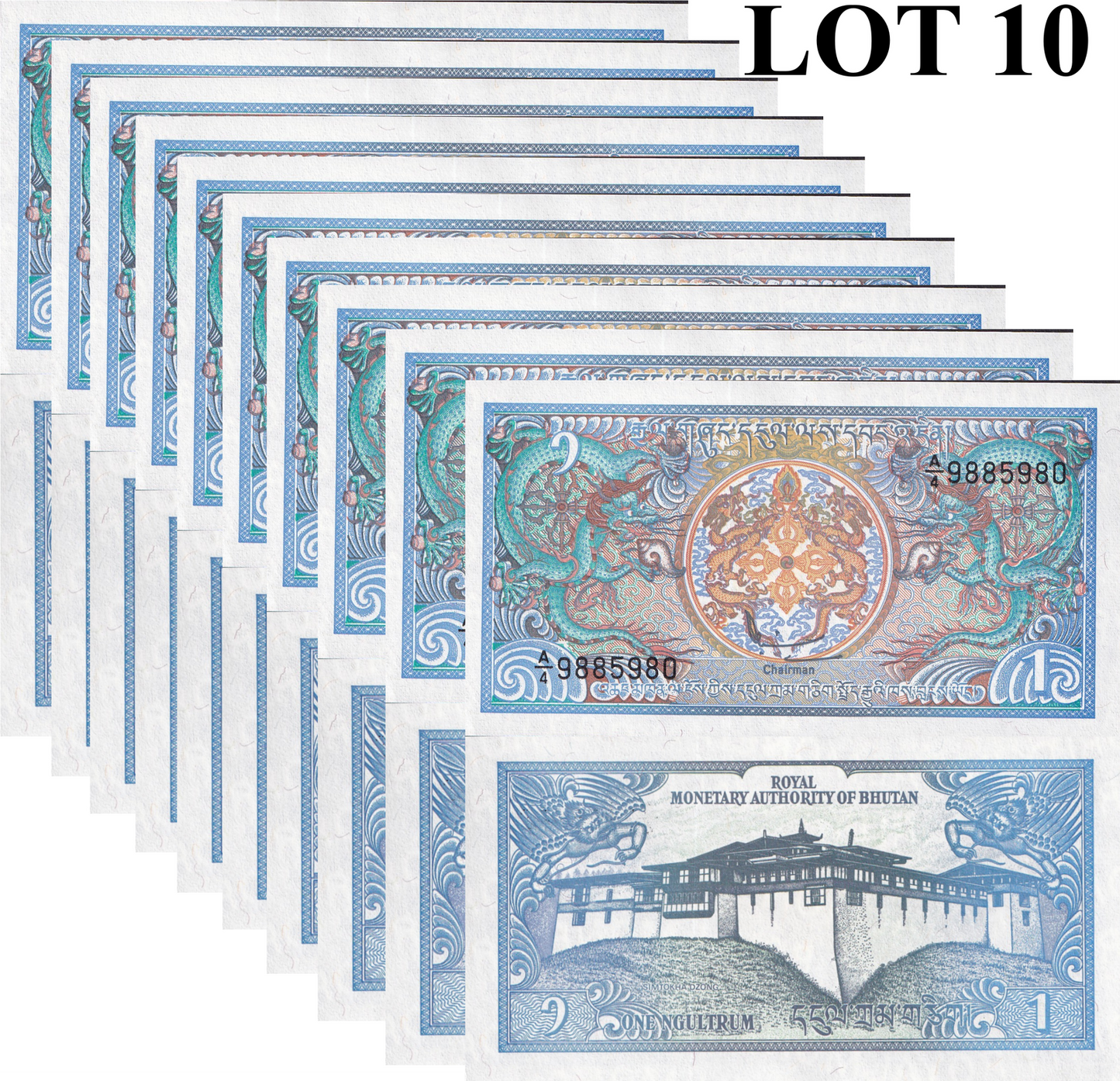 Bhutan 1 Ngultrum ND 1986 P 12 UNC 1/10 Bundle Lot 10 pcs