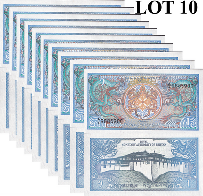 Bhutan 1 Ngultrum ND 1986 P 12 UNC 1/10 Bundle Lot 10 pcs